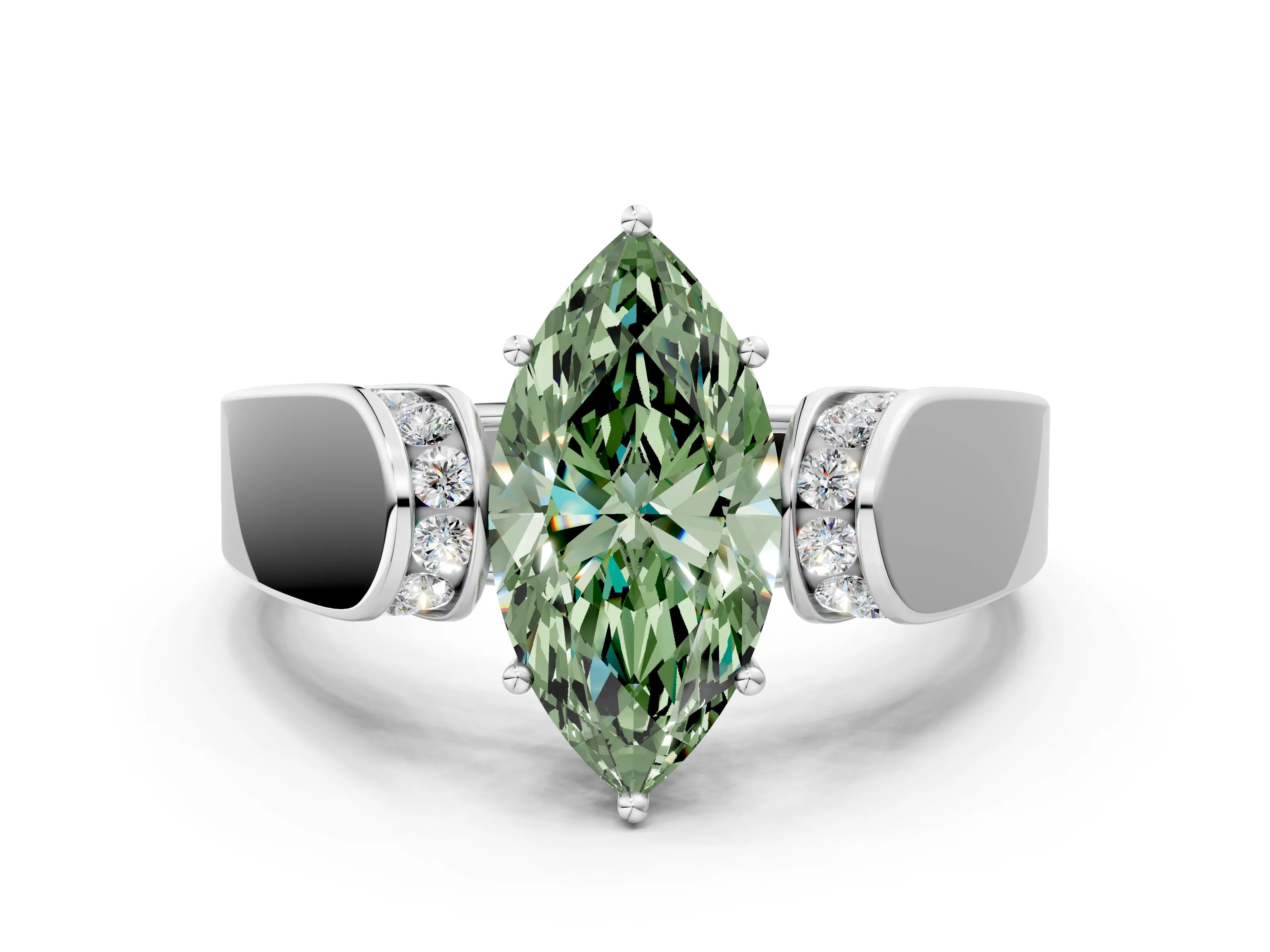 White gold Fancy Green Marquise Cut Cut Diamond Channel Set Solitaire Ring with Four-Prong Setting_83