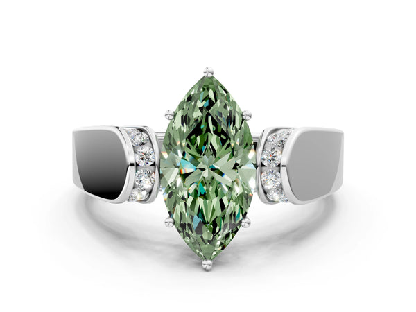 Platinum Fancy Green Marquise Cut Cut Diamond Channel Set Solitaire Ring with Four-Prong Setting