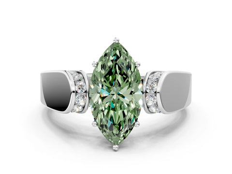 White gold Fancy Green Marquise Cut Cut Diamond Channel Set Solitaire Ring with Four-Prong Setting