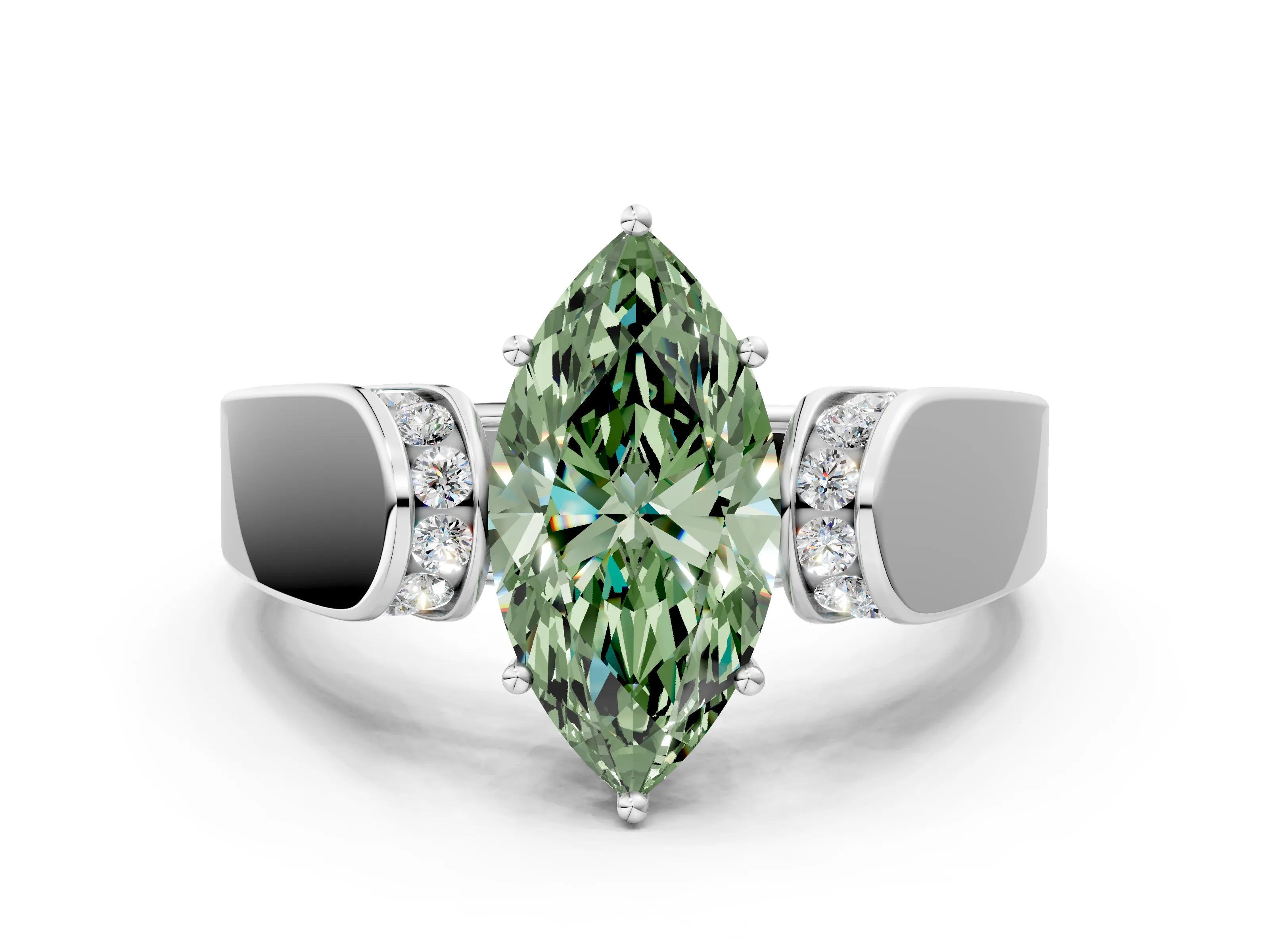 White gold Fancy Green Marquise Cut Cut Diamond Channel Set Solitaire Ring with Four-Prong Setting