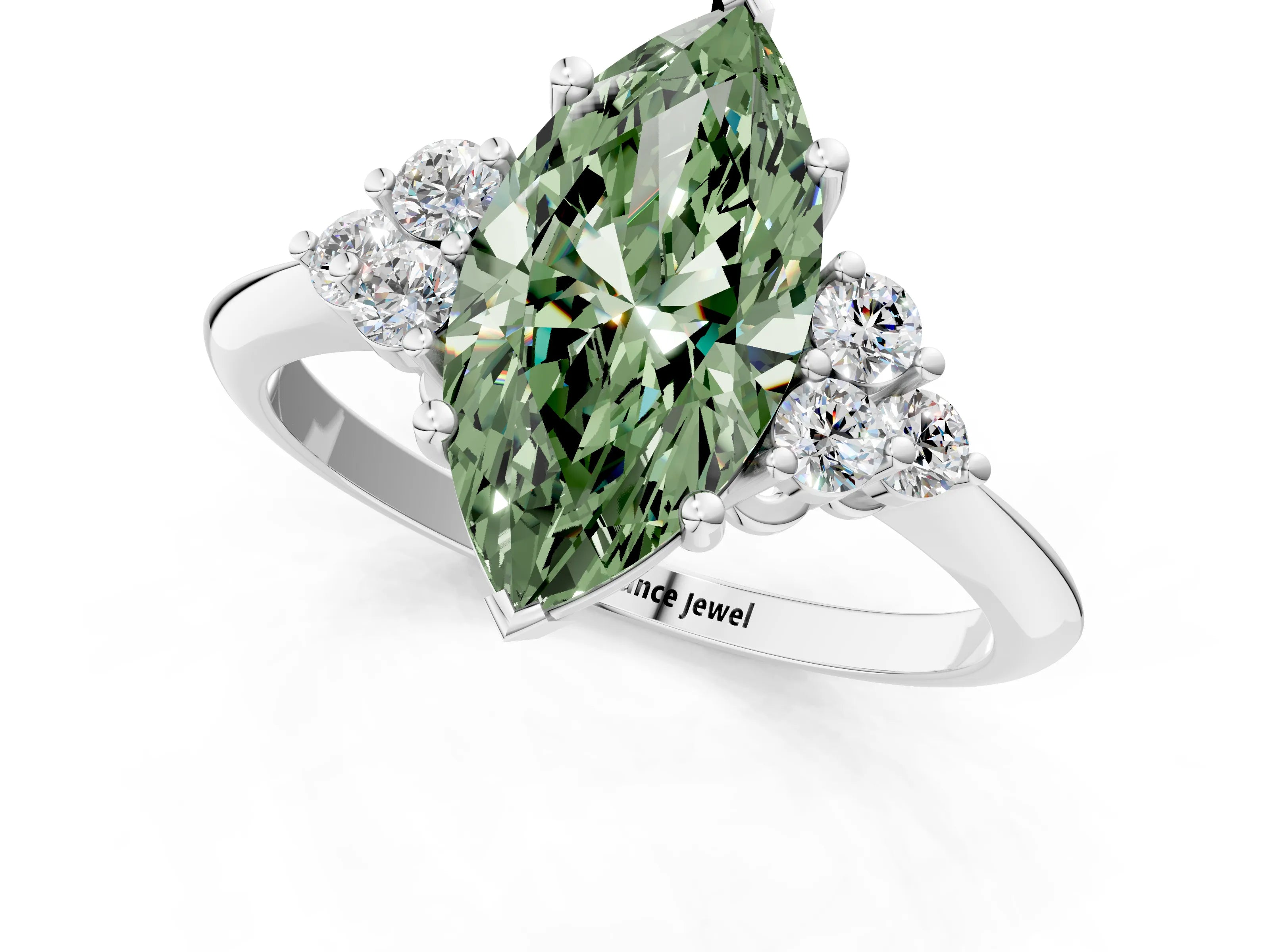 White gold Fancy Green Marquise Cut Cut Diamond Cluster Ring with Solitaire Band and Four-Prong Setting_1