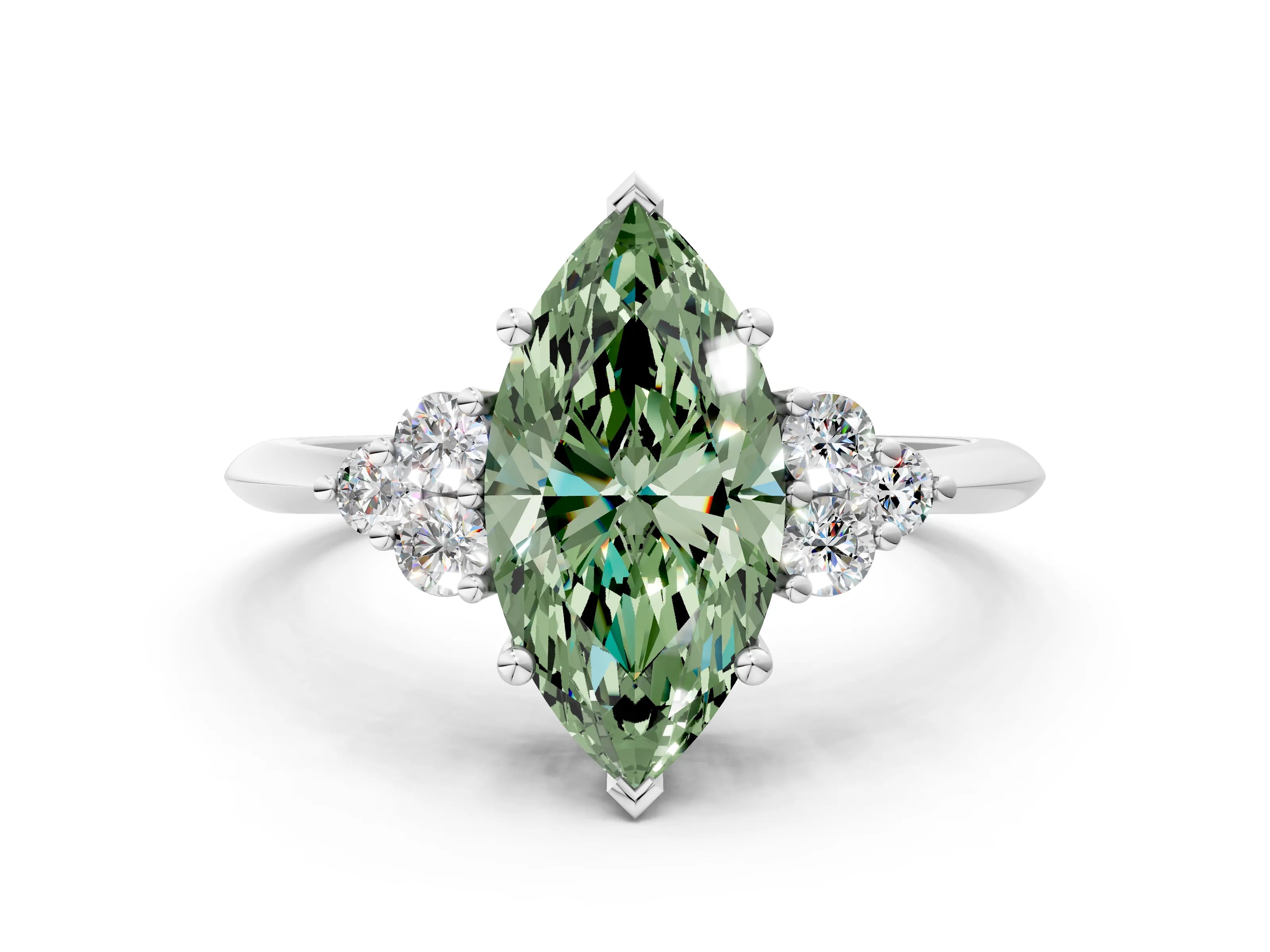 White gold Fancy Green Marquise Cut Cut Diamond Cluster Ring with Solitaire Band and Four-Prong Setting