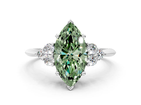 White gold Fancy Green Marquise Cut Cut Diamond Cluster Ring with Solitaire Band and Four-Prong Setting