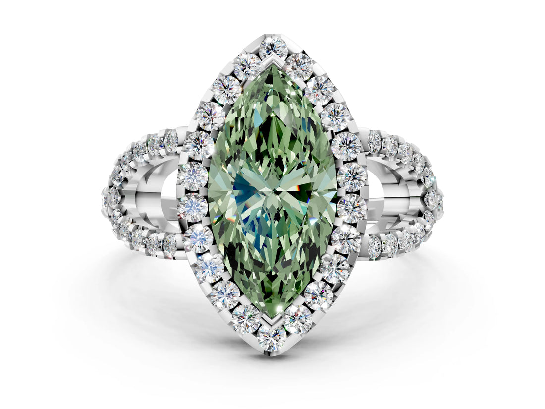 White gold Fancy Green Marquise Cut Cut Diamond Halo Engagement Ring with Open Split Pavé Band