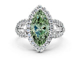 White gold Fancy Green Marquise Cut Cut Diamond Halo Engagement Ring with Open Split Pavé Band