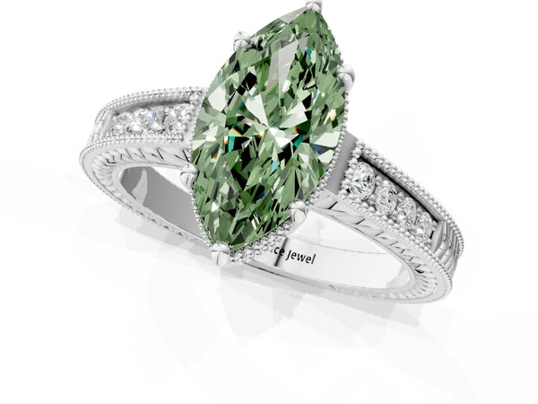 Platinum Fancy Green Marquise Cut Cut Diamond Milgrain Pave Band Four-Prong Setting Ring