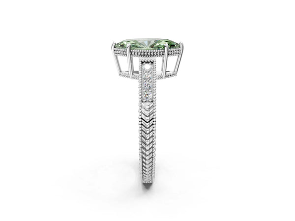Platinum Fancy Green Marquise Cut Cut Diamond Milgrain Pave Band Four-Prong Setting Ring