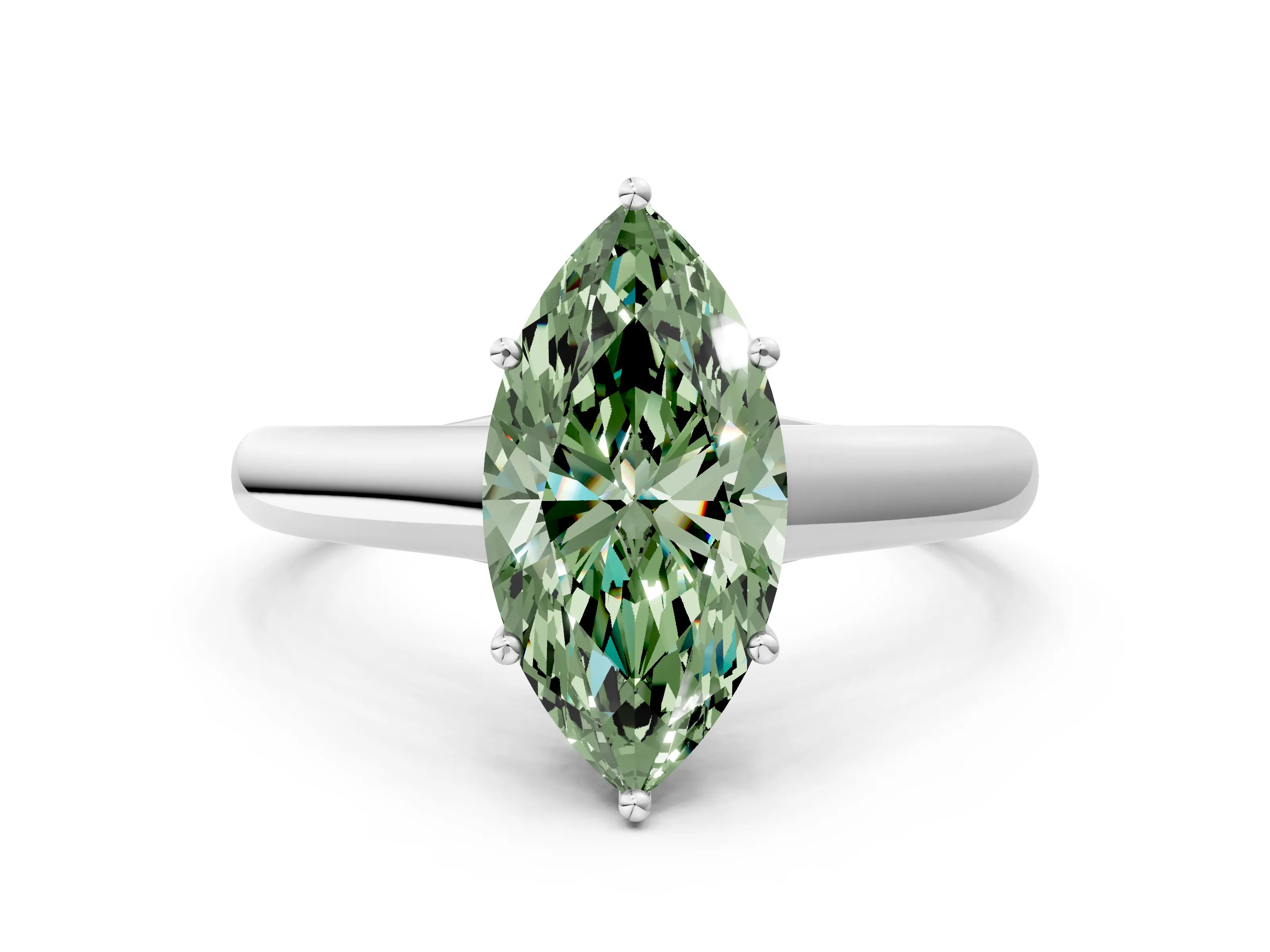 White gold Fancy Green Marquise Cut Cut Diamond Solitaire Engagement Ring with Tapered Plain Band and Four-Prong Setting_12