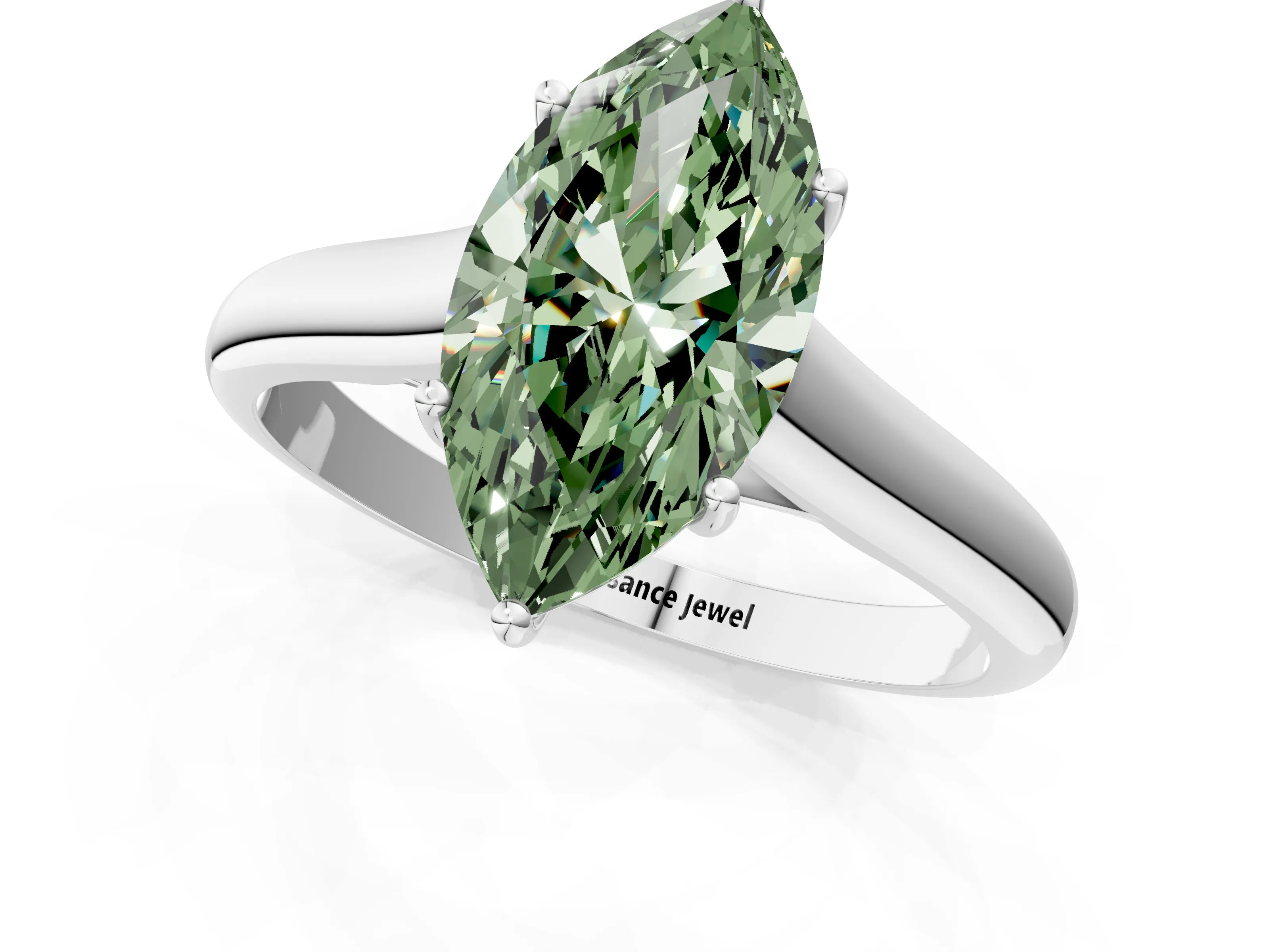 White gold Fancy Green Marquise Cut Cut Diamond Solitaire Engagement Ring with Tapered Plain Band and Four-Prong Setting_13