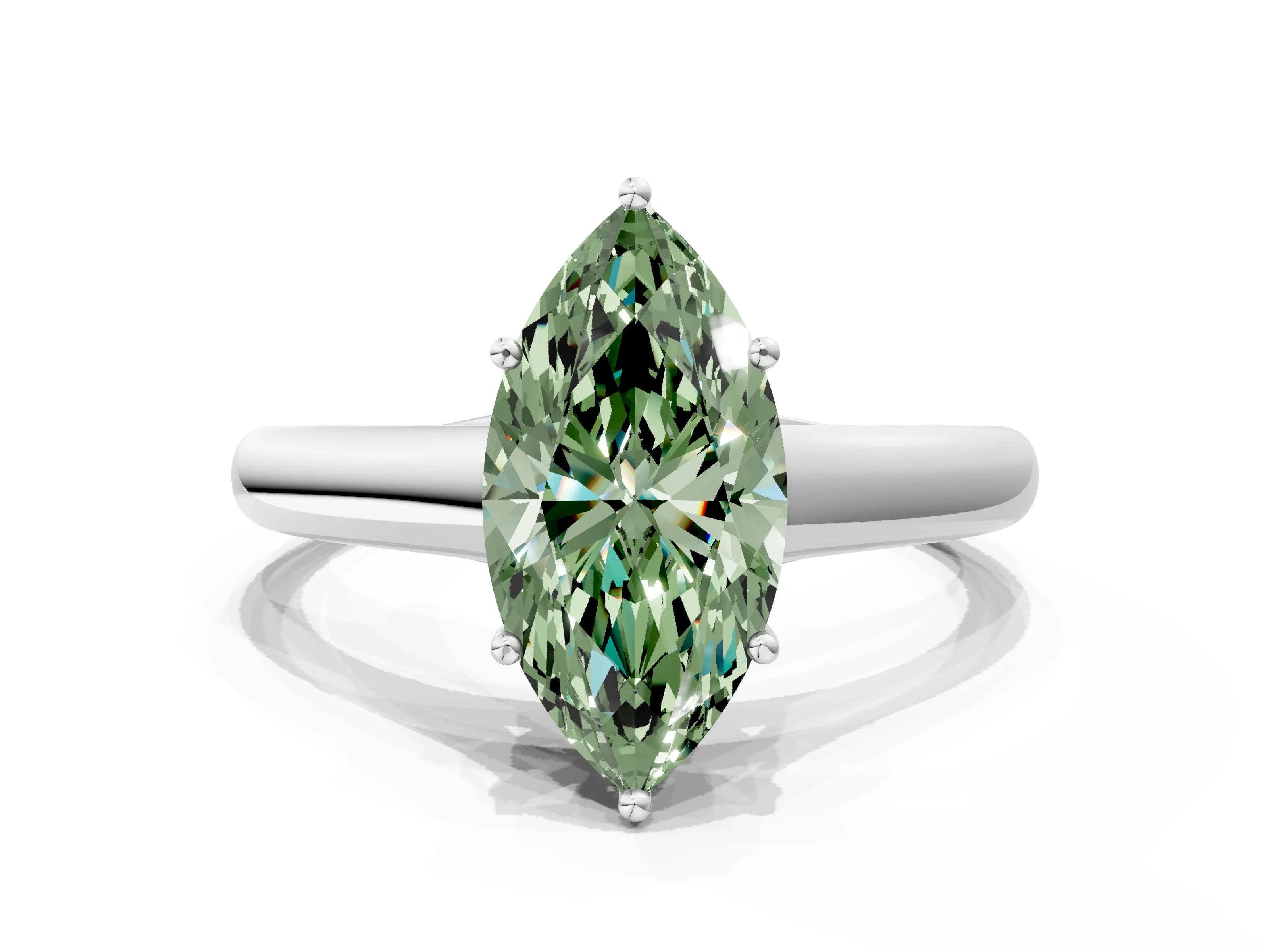 White gold Fancy Green Marquise Cut Cut Diamond Solitaire Engagement Ring with Tapered Plain Band and Four-Prong Setting
