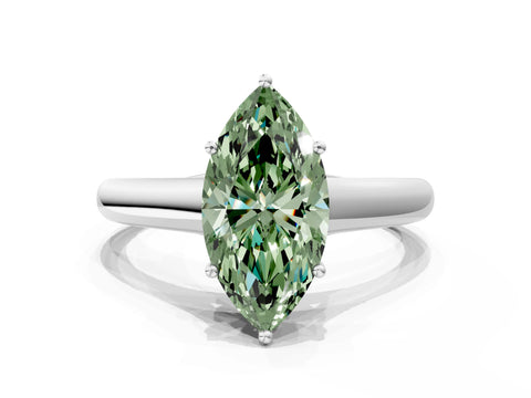 White gold Fancy Green Marquise Cut Cut Diamond Solitaire Engagement Ring with Tapered Plain Band and Four-Prong Setting