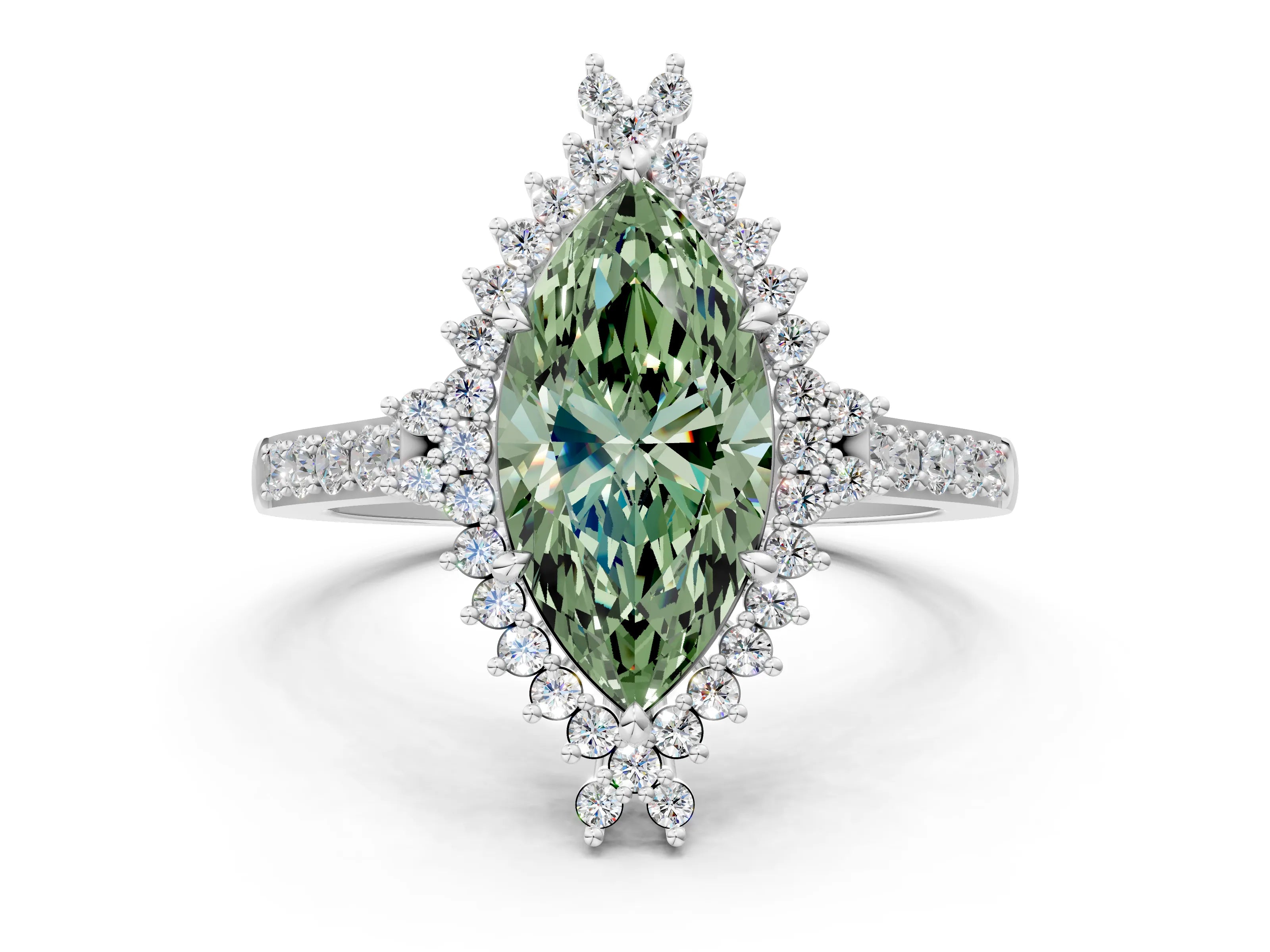 White gold Fancy Green Marquise Cut Cut Diamond Sunburst Halo Engagement Ring with Pavé Band_18