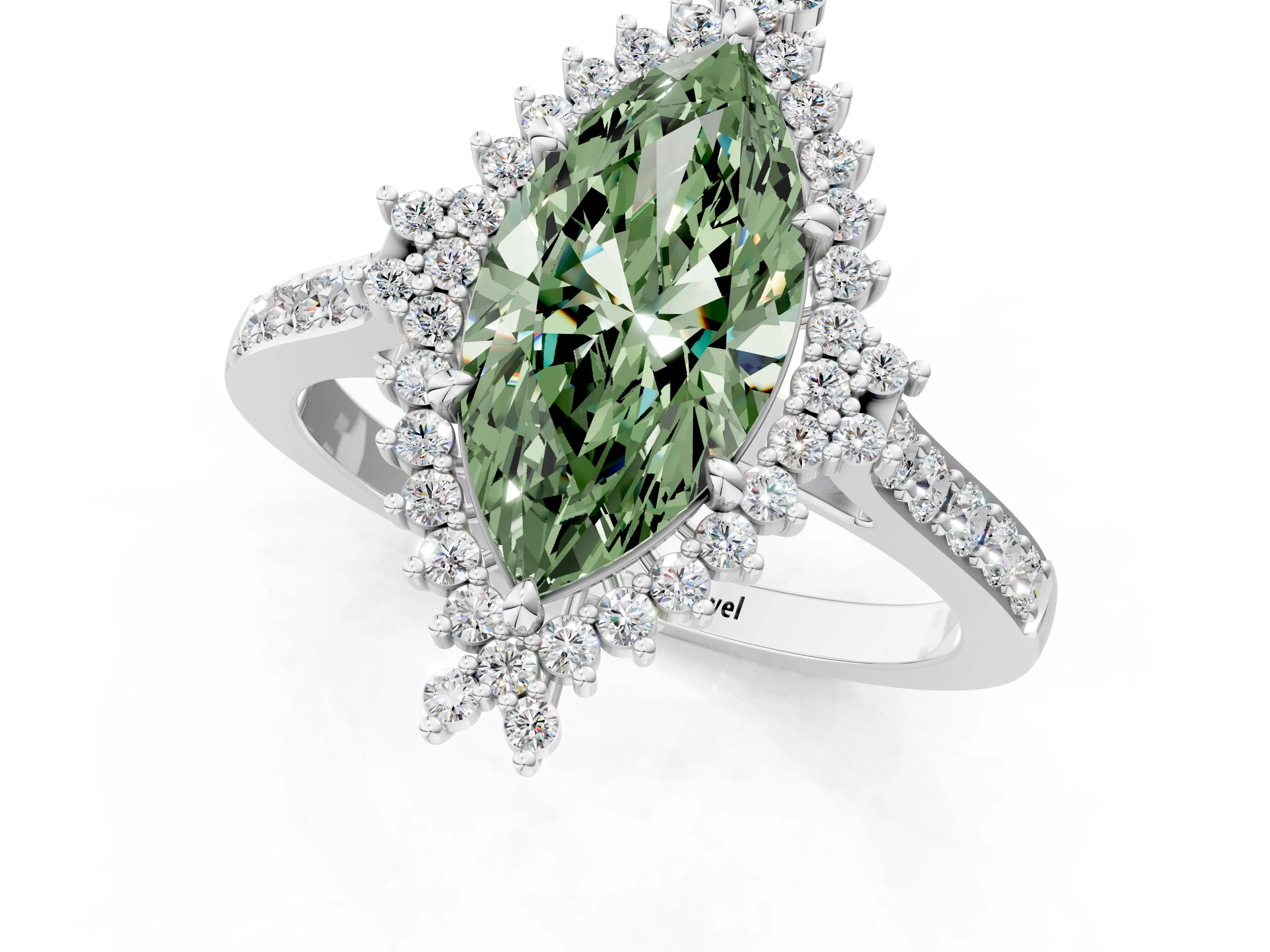 White gold Fancy Green Marquise Cut Cut Diamond Sunburst Halo Engagement Ring with Pavé Band_1
