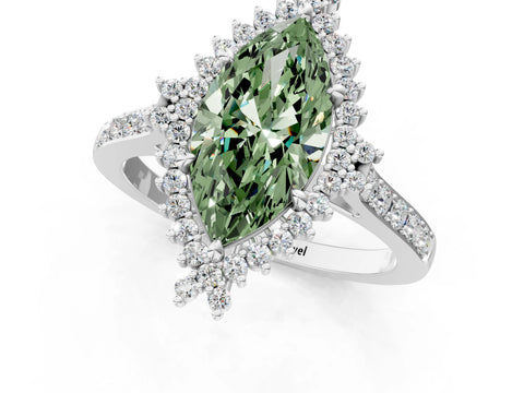 White gold Fancy Green Marquise Cut Cut Diamond Sunburst Halo Engagement Ring with Pavé Band_1