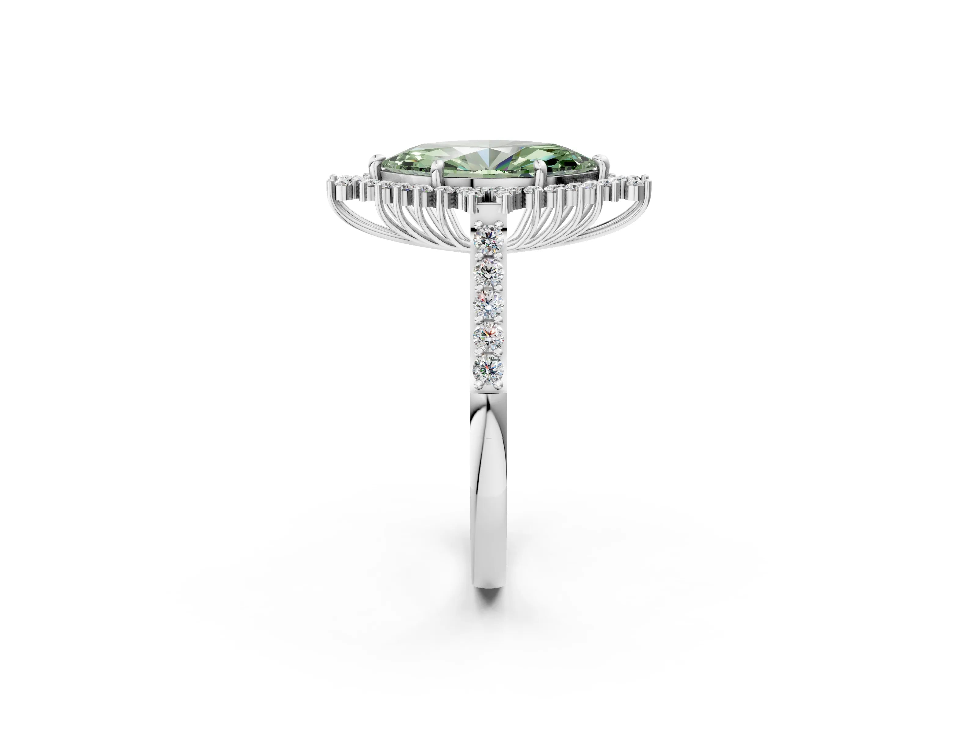 White gold Fancy Green Marquise Cut Cut Diamond Sunburst Halo Engagement Ring with Pavé Band_20