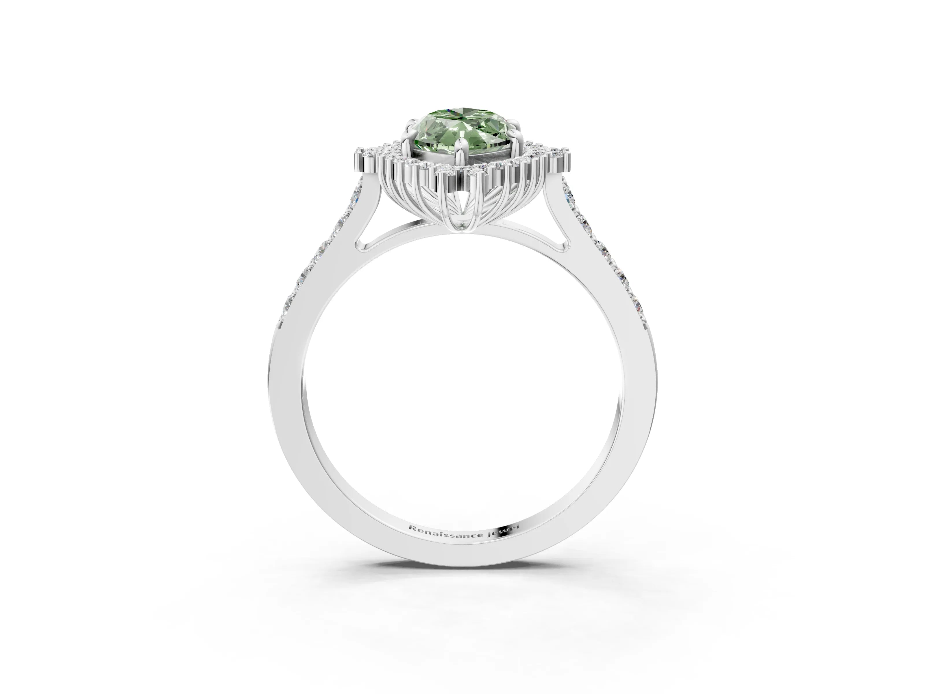 White gold Fancy Green Marquise Cut Cut Diamond Sunburst Halo Engagement Ring with Pavé Band_21