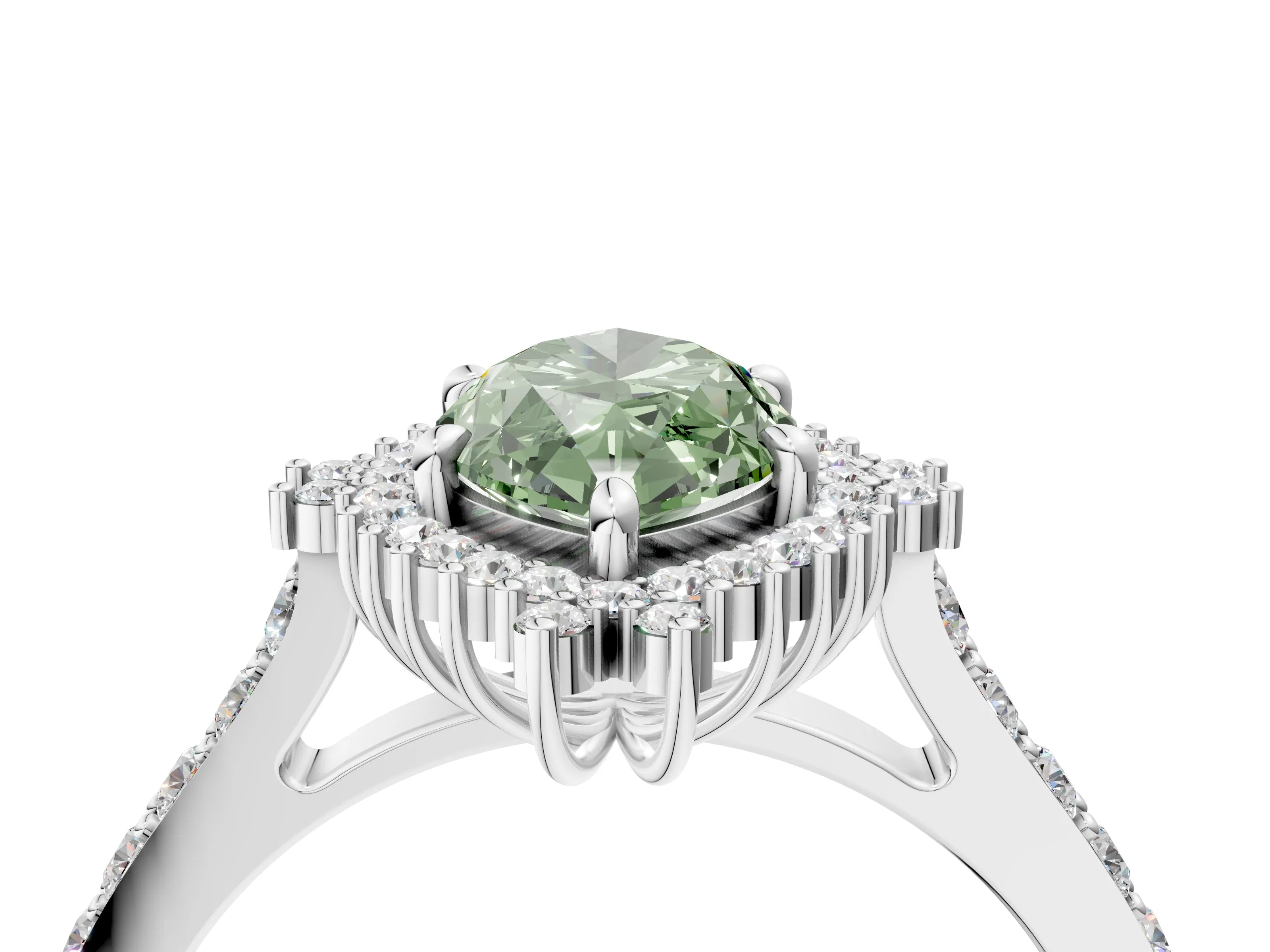 White gold Fancy Green Marquise Cut Cut Diamond Sunburst Halo Engagement Ring with Pavé Band_24