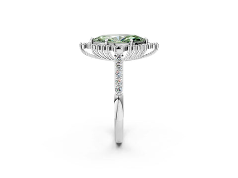 White gold Fancy Green Marquise Cut Cut Diamond Sunburst Halo Engagement Ring with Pavé Band_2