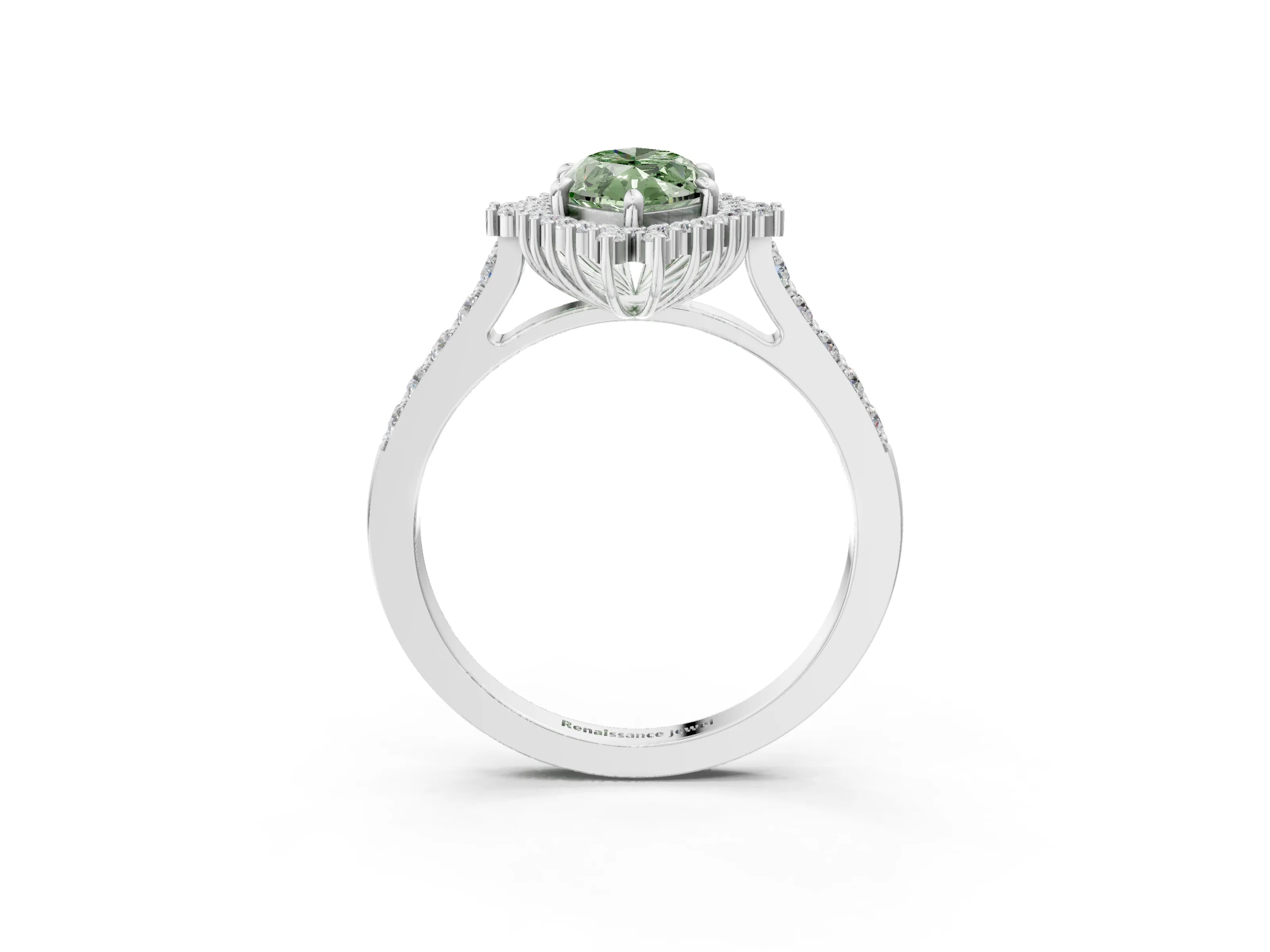 White gold Fancy Green Marquise Cut Cut Diamond Sunburst Halo Engagement Ring with Pavé Band_3