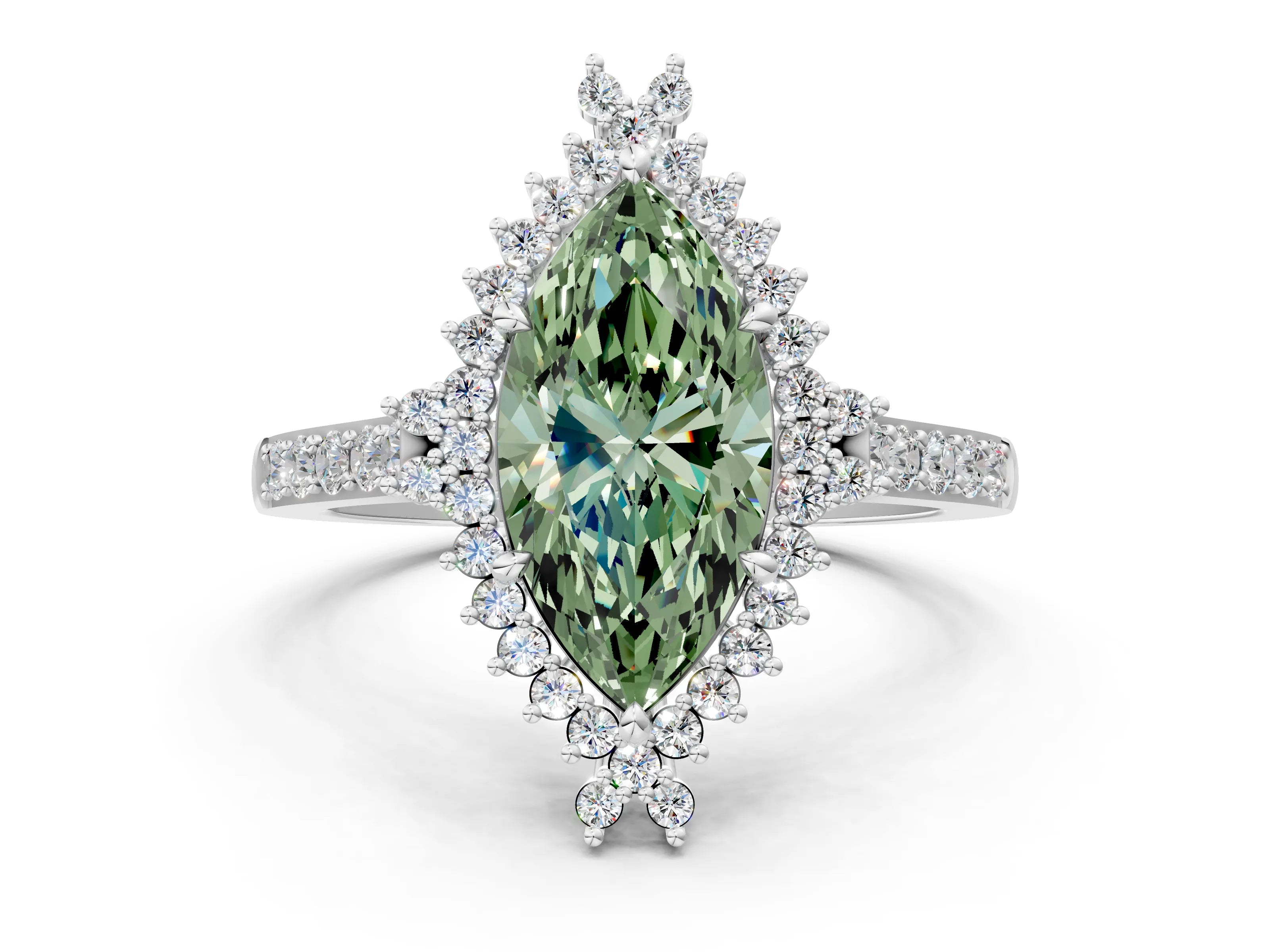 White gold Fancy Green Marquise Cut Cut Diamond Sunburst Halo Engagement Ring with Pavé Band_30