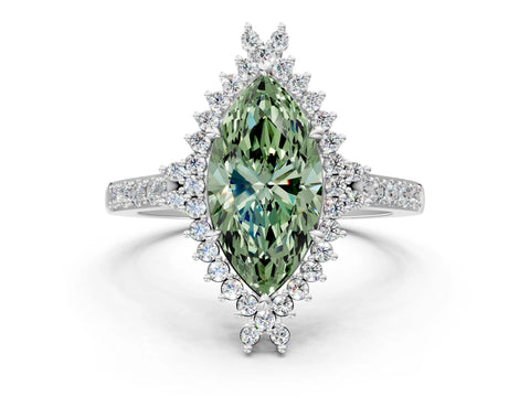 White gold Fancy Green Marquise Cut Cut Diamond Sunburst Halo Engagement Ring with Pavé Band_30