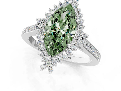 White gold Fancy Green Marquise Cut Cut Diamond Sunburst Halo Engagement Ring with Pavé Band_31
