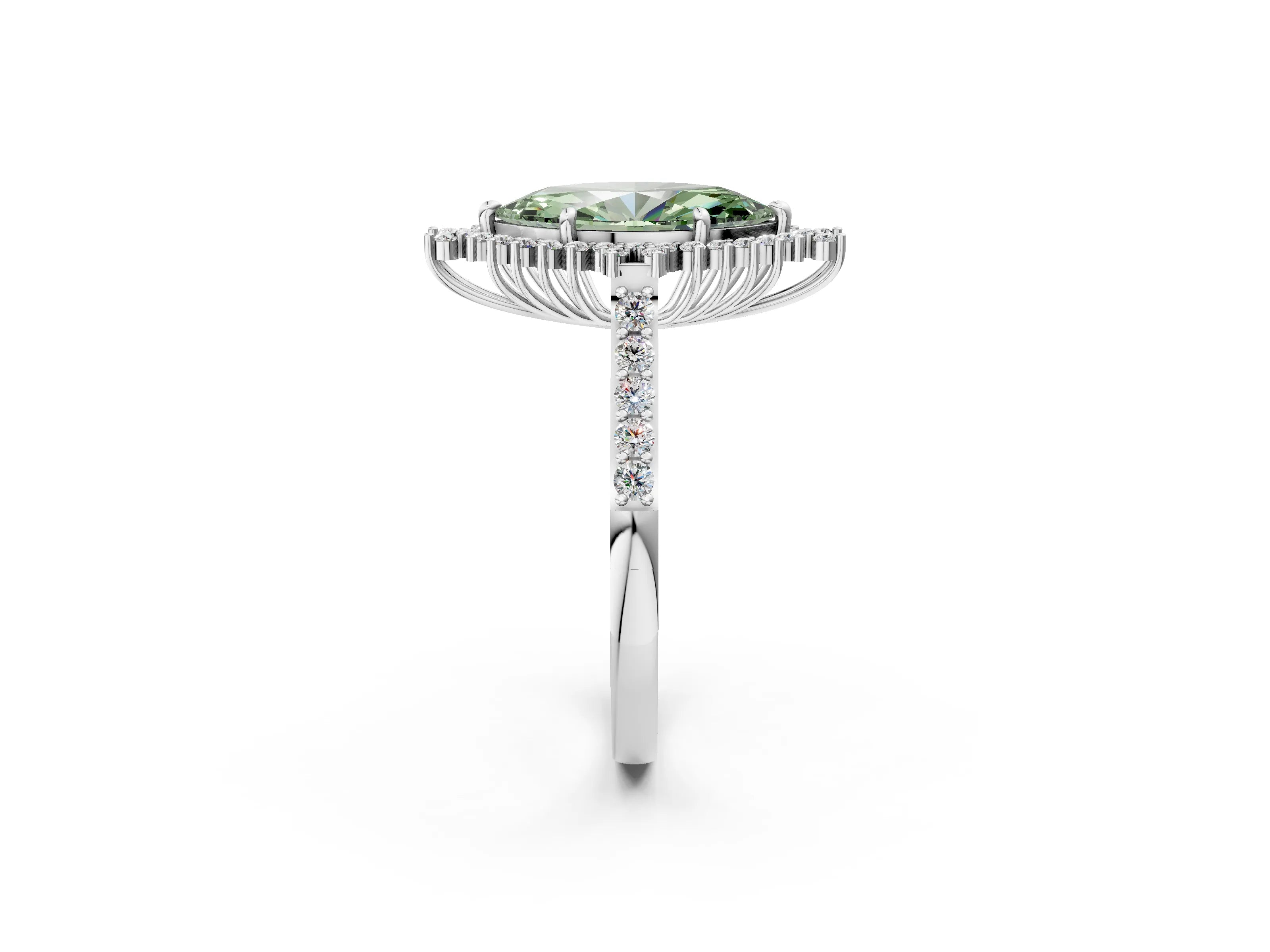 White gold Fancy Green Marquise Cut Cut Diamond Sunburst Halo Engagement Ring with Pavé Band_32