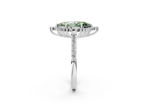 White gold Fancy Green Marquise Cut Cut Diamond Sunburst Halo Engagement Ring with Pavé Band_32