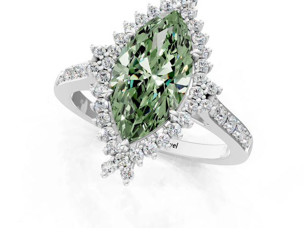 Platinum Fancy Green Marquise Cut Cut Diamond Sunburst Halo Engagement Ring with Pavé Band