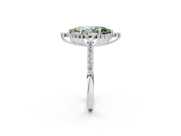 Platinum Fancy Green Marquise Cut Cut Diamond Sunburst Halo Engagement Ring with Pavé Band
