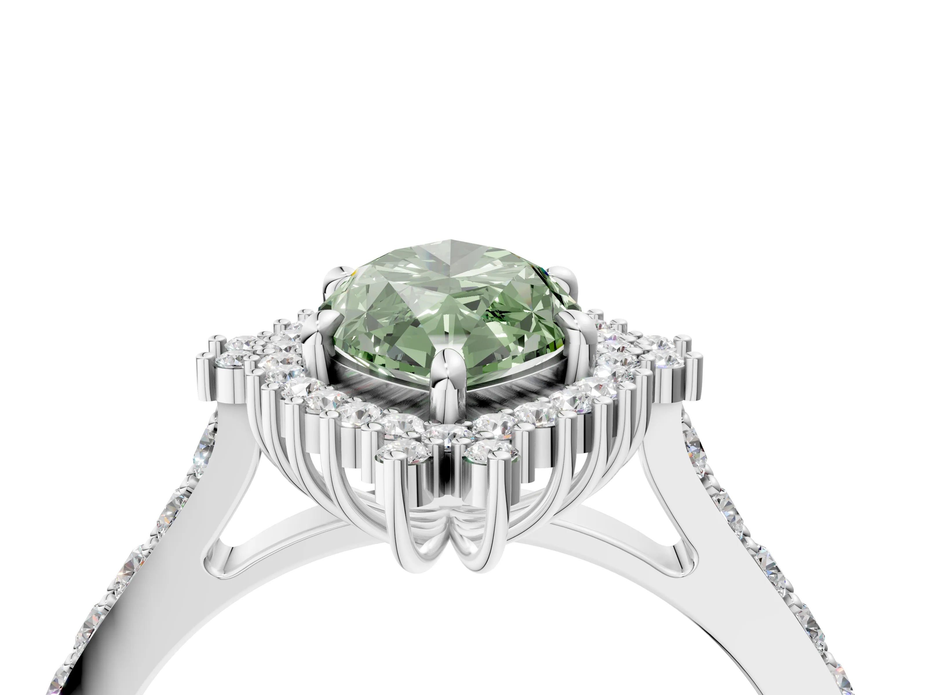 White gold Fancy Green Marquise Cut Cut Diamond Sunburst Halo Engagement Ring with Pavé Band_34