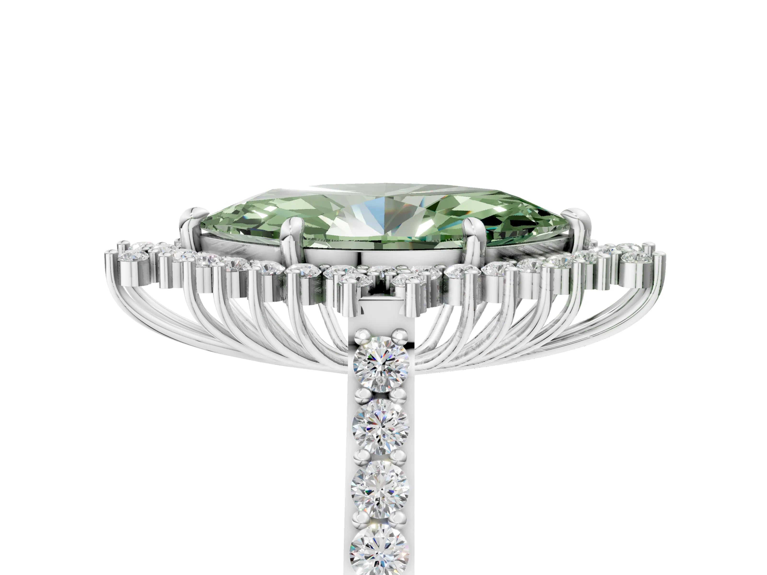 White gold Fancy Green Marquise Cut Cut Diamond Sunburst Halo Engagement Ring with Pavé Band_35