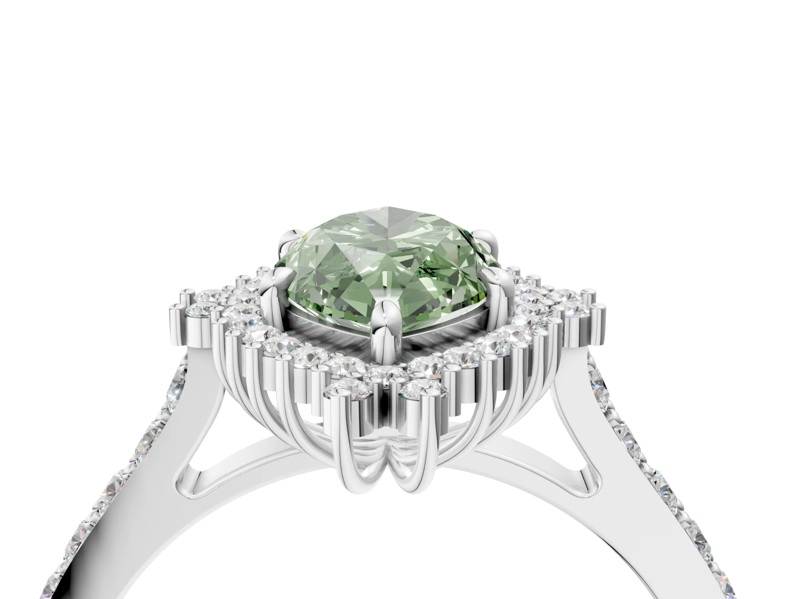 White gold Fancy Green Marquise Cut Cut Diamond Sunburst Halo Engagement Ring with Pavé Band_4