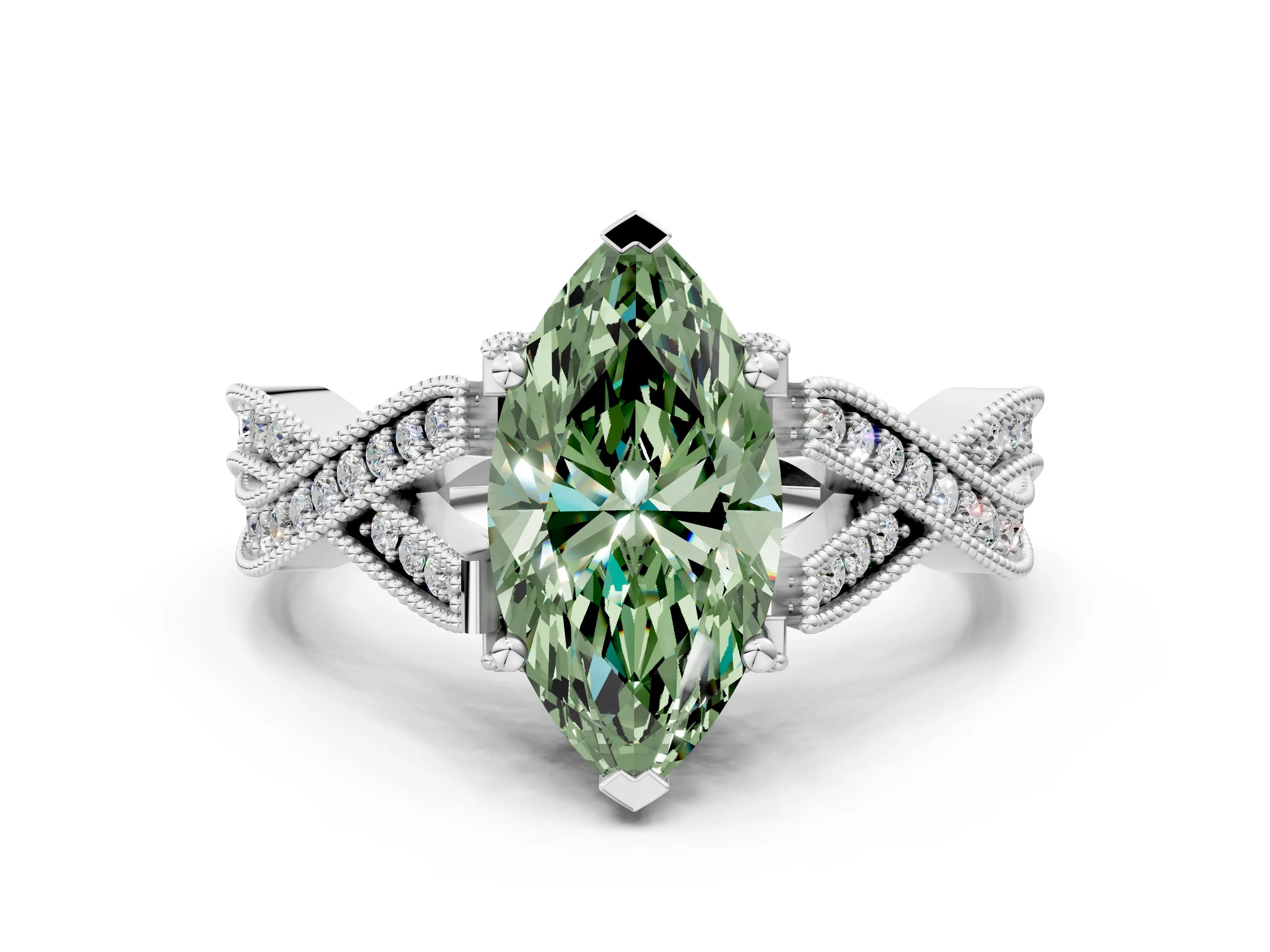 White gold Fancy Green Marquise Cut Cut Diamond Twisted Band with Milgrain Pave Setting and Four-Prong Setting