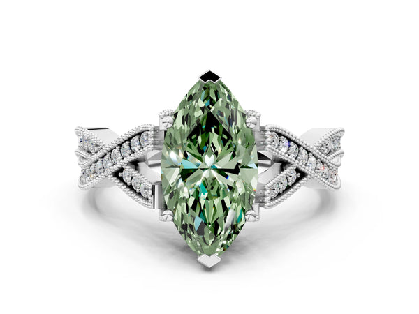 Platinum Fancy Green Marquise Cut Cut Diamond Twisted Band with Milgrain Pave Setting and Four-Prong Setting