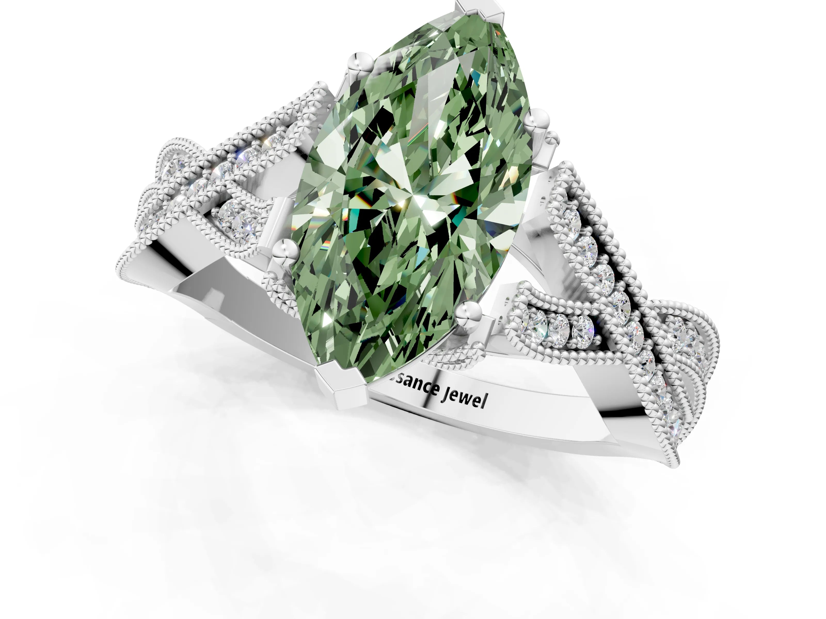 White gold Fancy Green Marquise Cut Cut Diamond Twisted Band with Milgrain Pave Setting and Four-Prong Setting_1