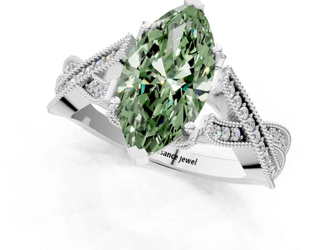 White gold Fancy Green Marquise Cut Cut Diamond Twisted Band with Milgrain Pave Setting and Four-Prong Setting_13