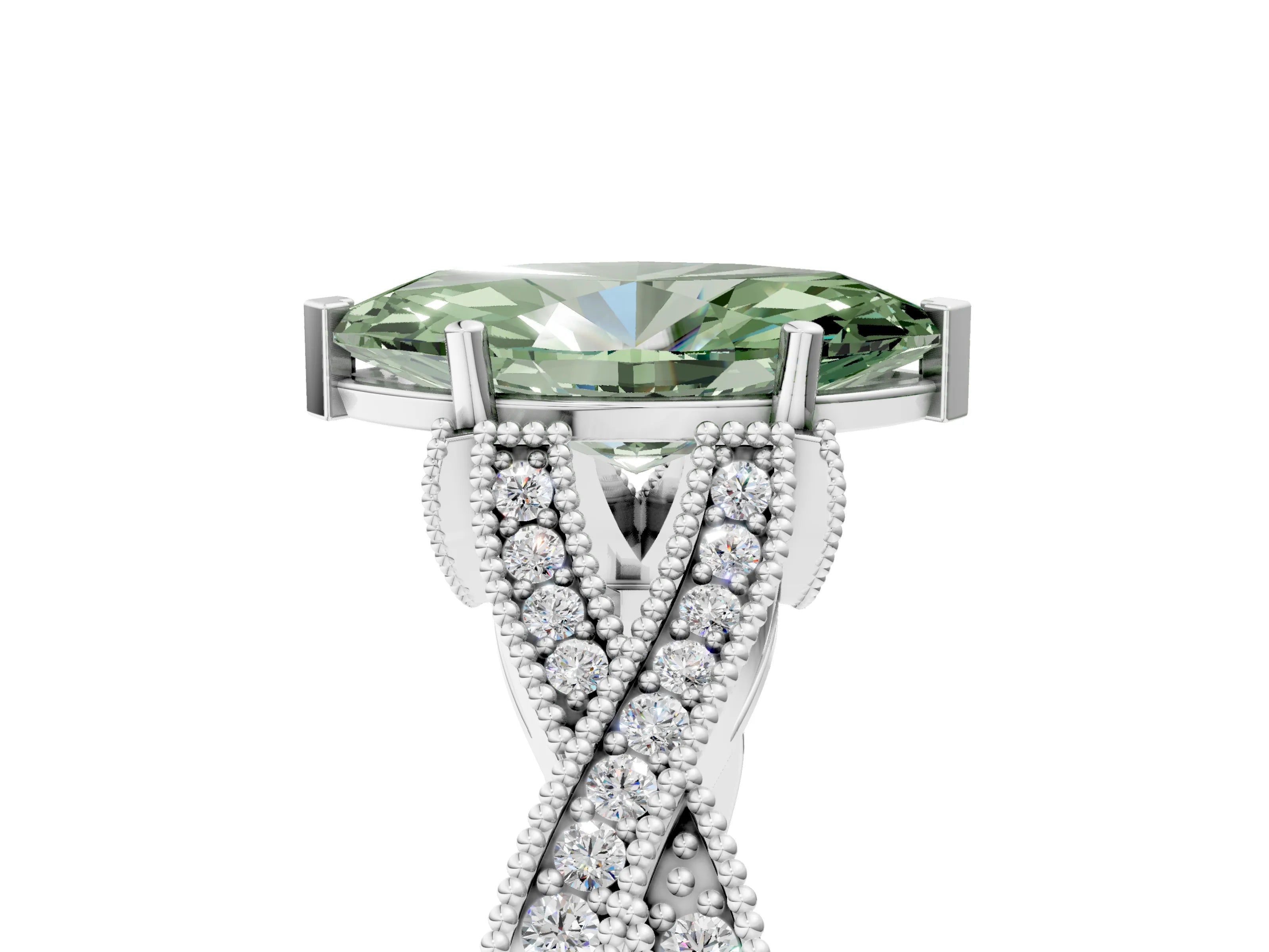 White gold Fancy Green Marquise Cut Cut Diamond Twisted Band with Milgrain Pave Setting and Four-Prong Setting_17