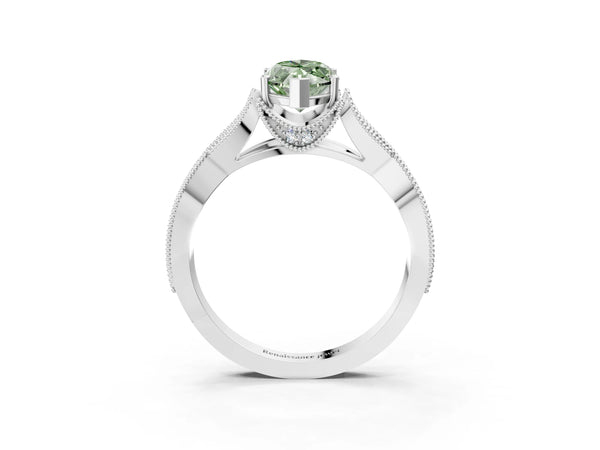 Platinum Fancy Green Marquise Cut Cut Diamond Twisted Band with Milgrain Pave Setting and Four-Prong Setting