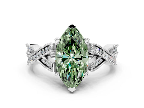 White gold Fancy Green Marquise Cut Cut Diamond Twisted Band with Milgrain Pave Setting and Four-Prong Setting