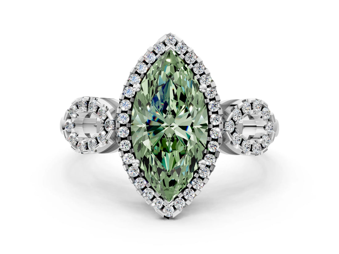 White gold Fancy Green Marquise Cut Cut Halo Diamond Infinity Band with Four-Prong Setting