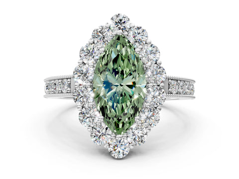 White gold Fancy Green Marquise Cut Cut Halo Diamond Pavé Engagement Ring with Milgrain Detailing_12