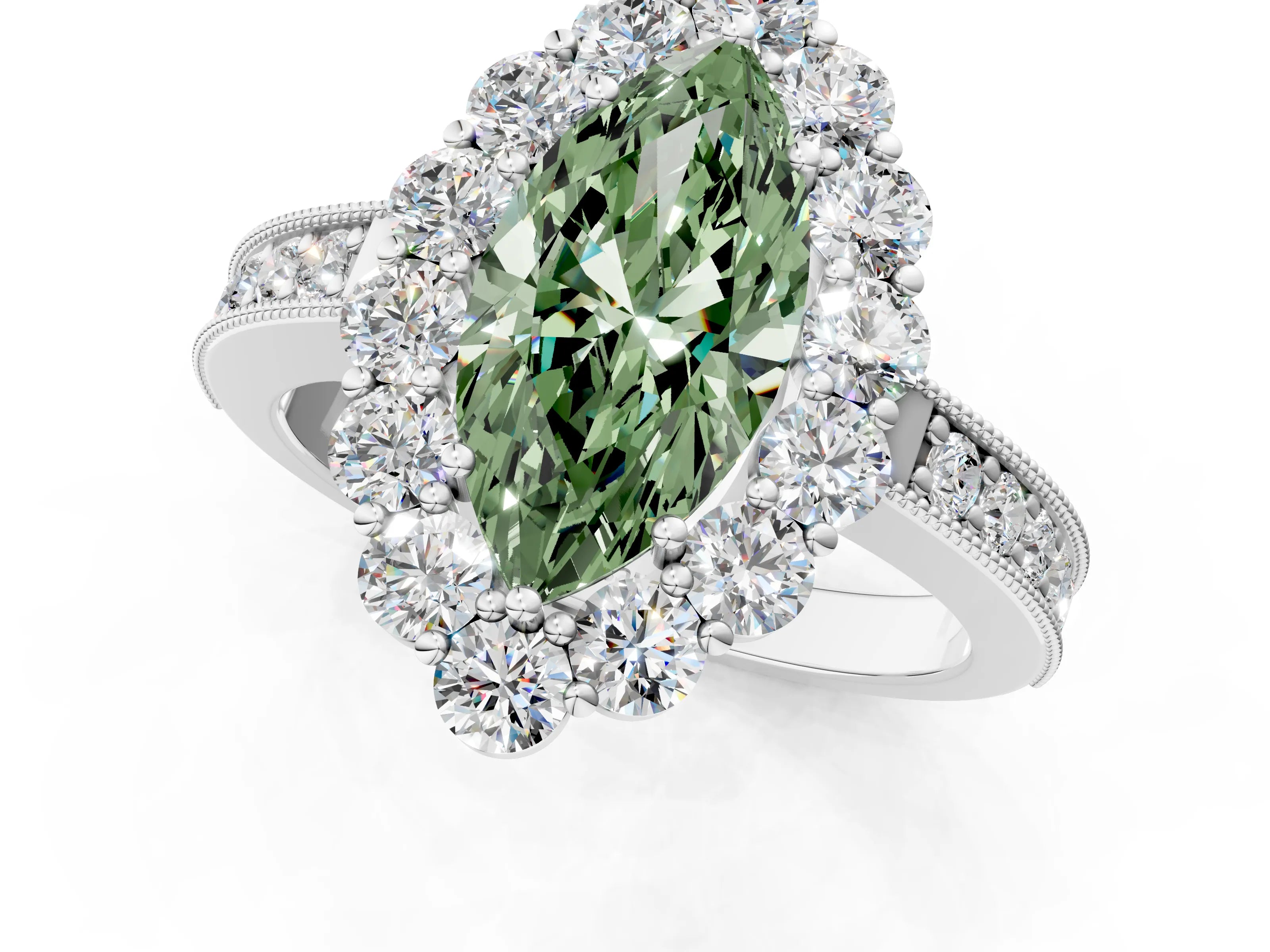 White gold Fancy Green Marquise Cut Cut Halo Diamond Pavé Engagement Ring with Milgrain Detailing_13