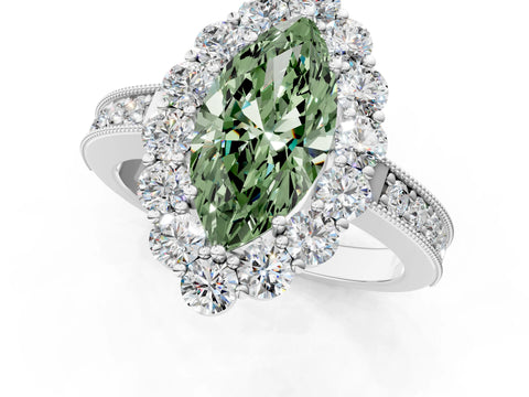 White gold Fancy Green Marquise Cut Cut Halo Diamond Pavé Engagement Ring with Milgrain Detailing_13
