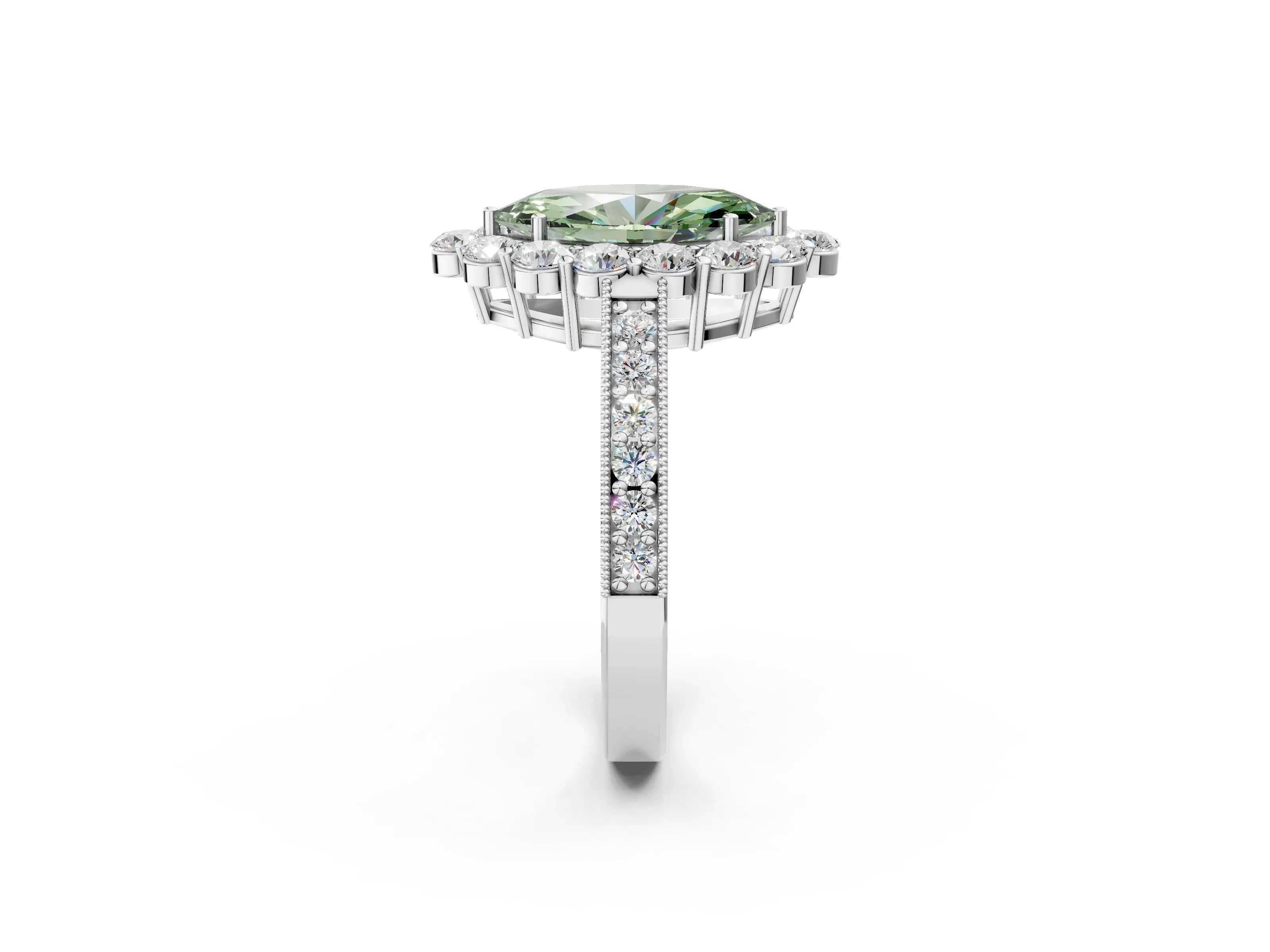 White gold Fancy Green Marquise Cut Cut Halo Diamond Pavé Engagement Ring with Milgrain Detailing_14