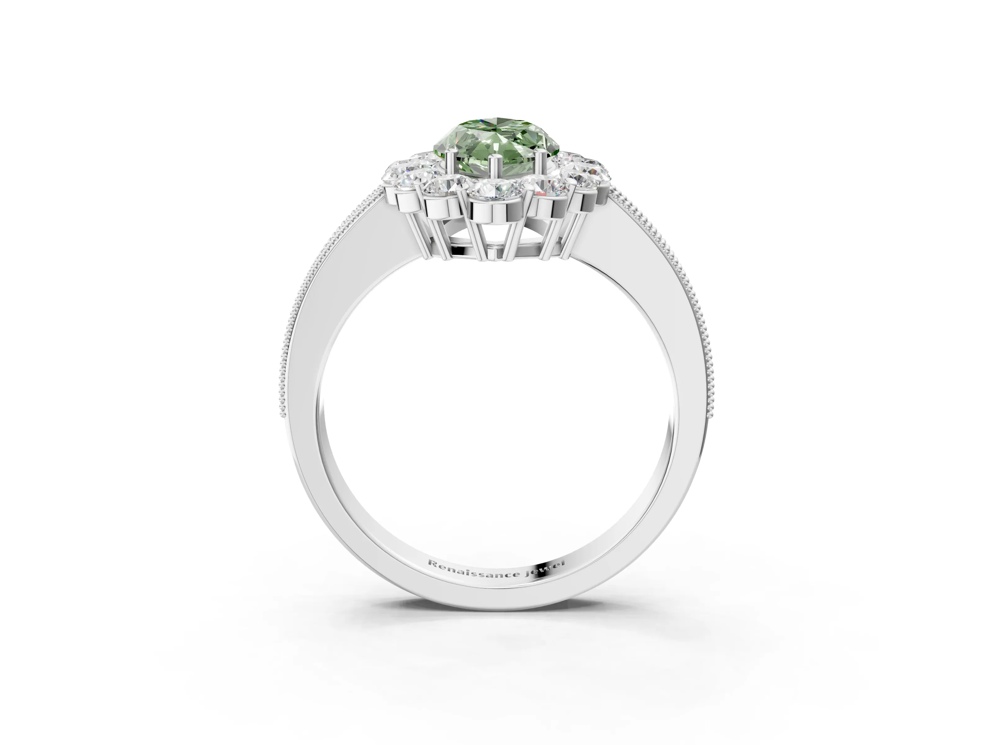 White gold Fancy Green Marquise Cut Cut Halo Diamond Pavé Engagement Ring with Milgrain Detailing_15