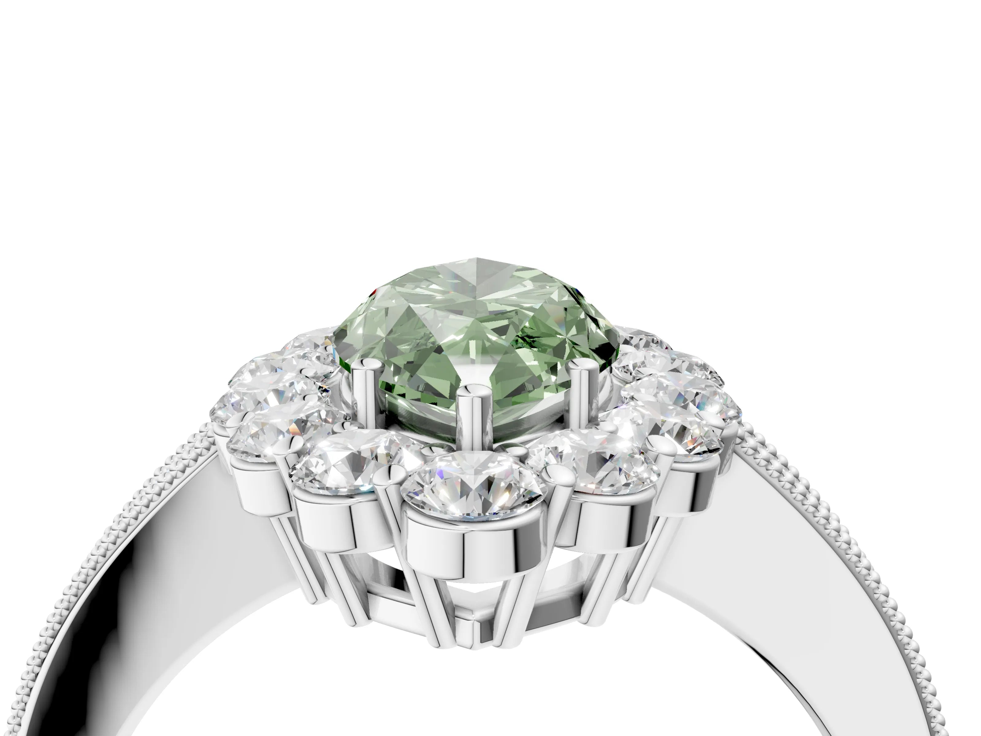 White gold Fancy Green Marquise Cut Cut Halo Diamond Pavé Engagement Ring with Milgrain Detailing_16