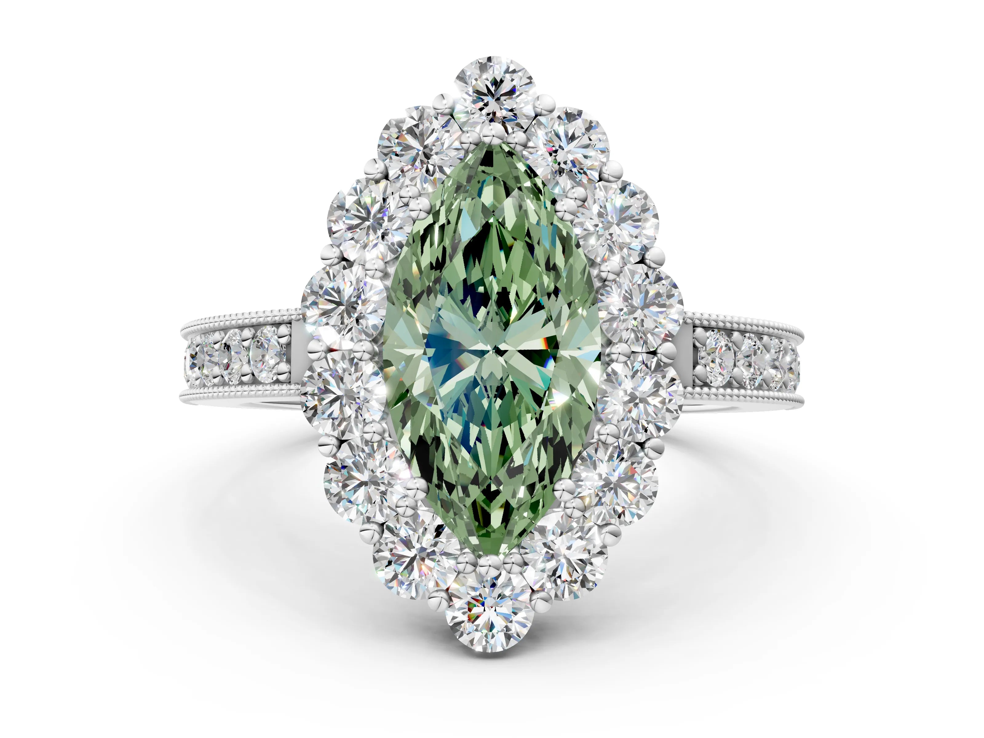 White gold Fancy Green Marquise Cut Cut Halo Diamond Pavé Engagement Ring with Milgrain Detailing_24