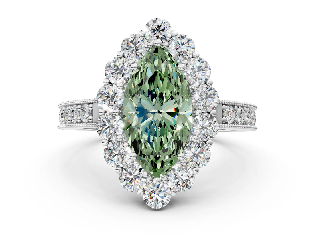 White gold Fancy Green Marquise Cut Cut Halo Diamond Pavé Engagement Ring with Milgrain Detailing_24
