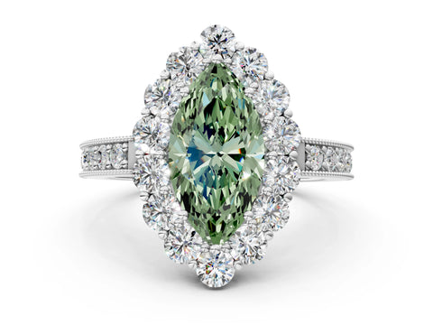 White gold Fancy Green Marquise Cut Cut Halo Diamond Pavé Engagement Ring with Milgrain Detailing_24